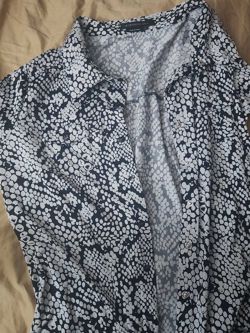 BCBGMaxAzria Navy and White Abstract Dot Button-Up Blouse